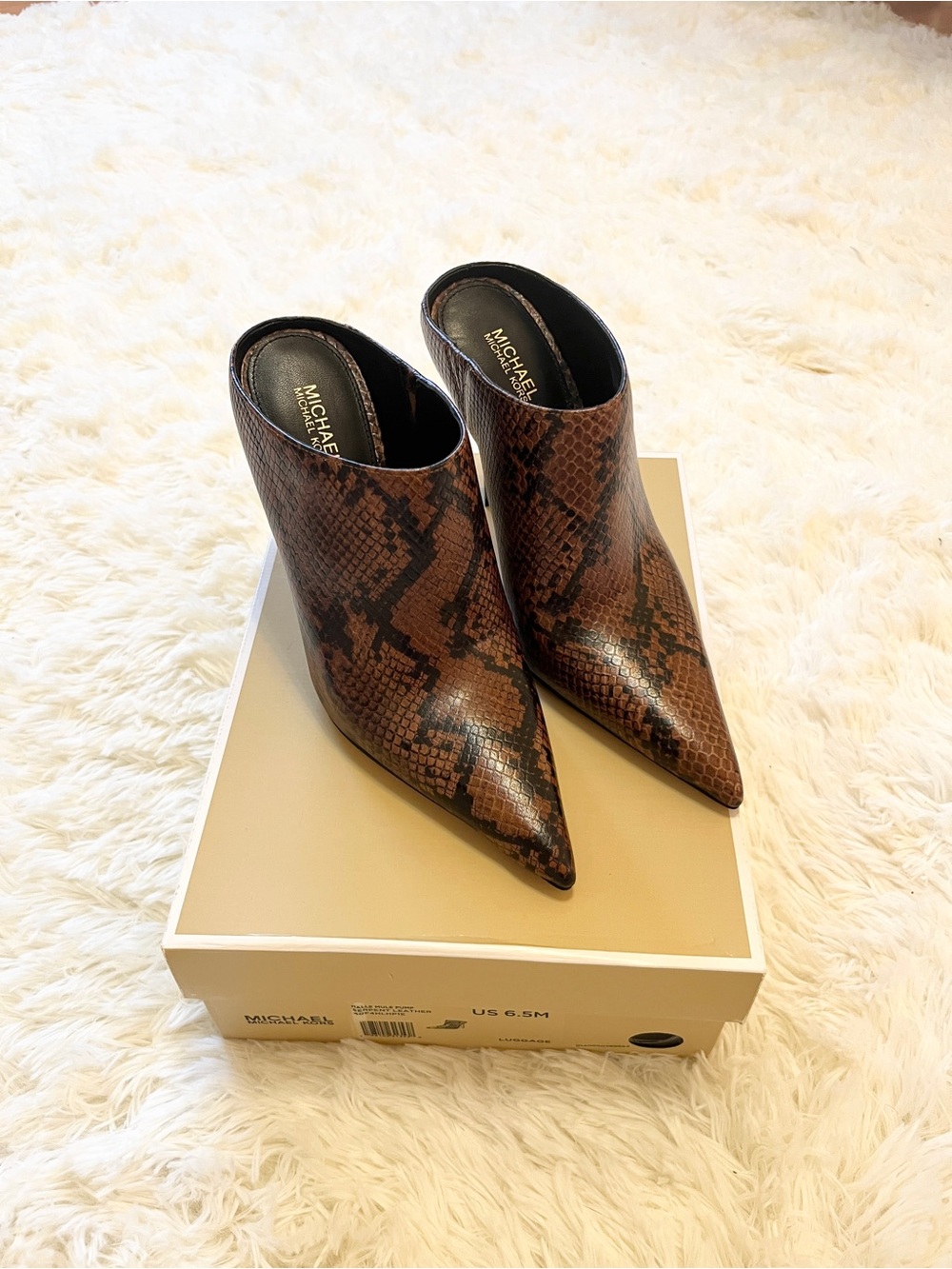 Michael Kors Brown Snake-Print Pointed-Toe Mules